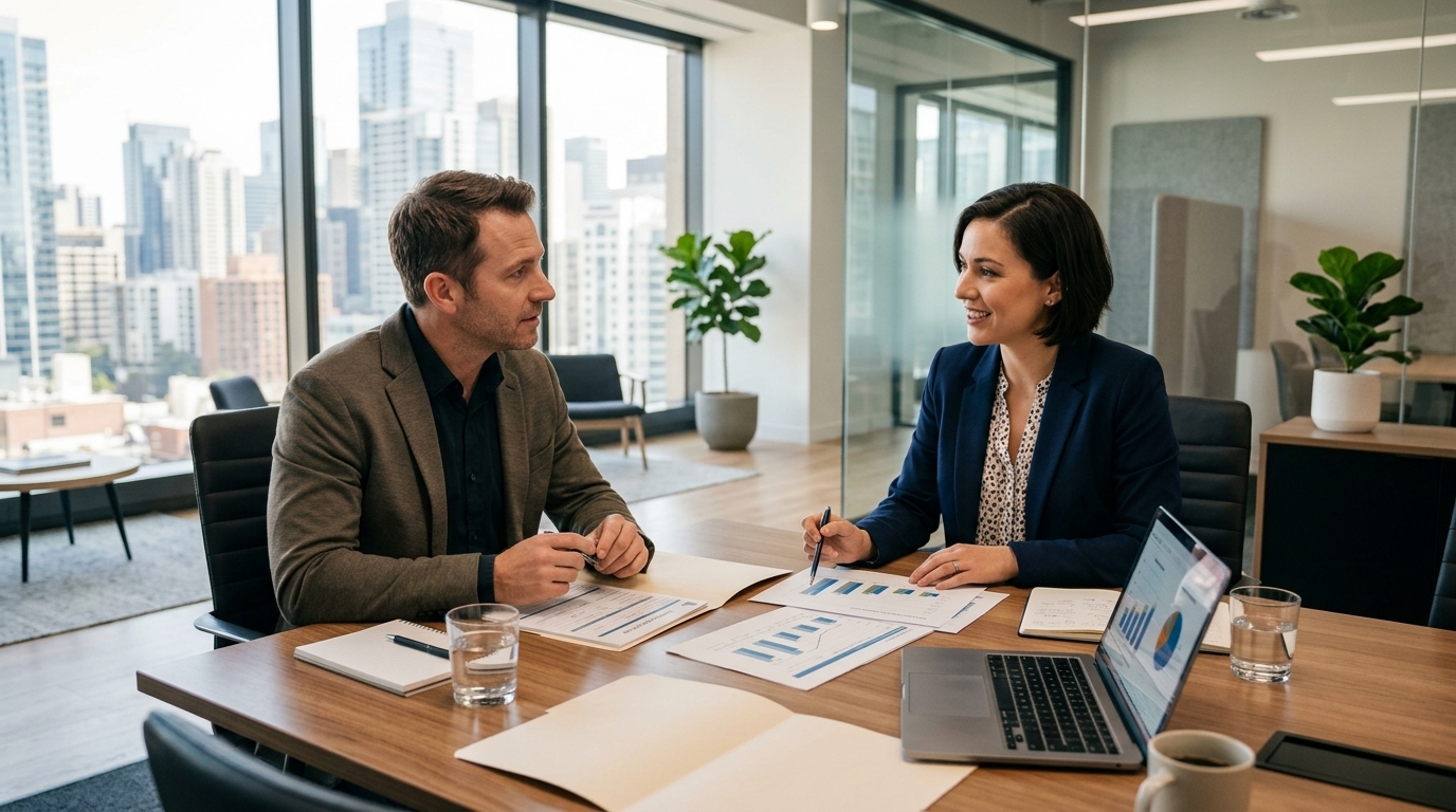 Dental practice owner reviewing financing options with a financial advisor