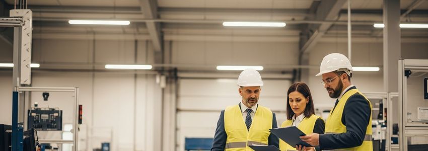 Business professionals reviewing new equipment in a commercial facility for department financing