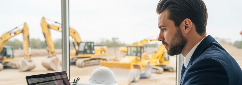 Dewatering contractor reviewing business financing options at construction site office