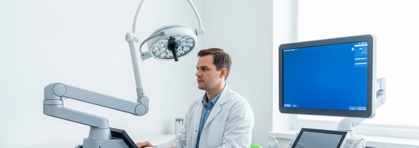 Healthcare professional using diagnostic ultrasound equipment in a modern clinical setting