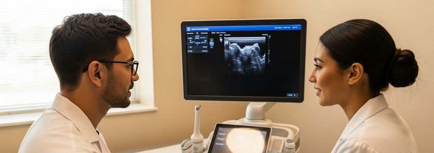 Doctor and medical professional reviewing diagnostic ultrasound equipment in a modern clinic