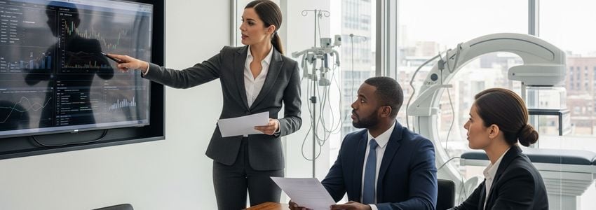 Healthcare business financing professional reviewing dialysis center loan documents