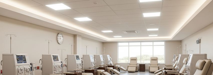Healthcare business owner and financing advisor reviewing dialysis equipment loan documents at a modern medical office conference table