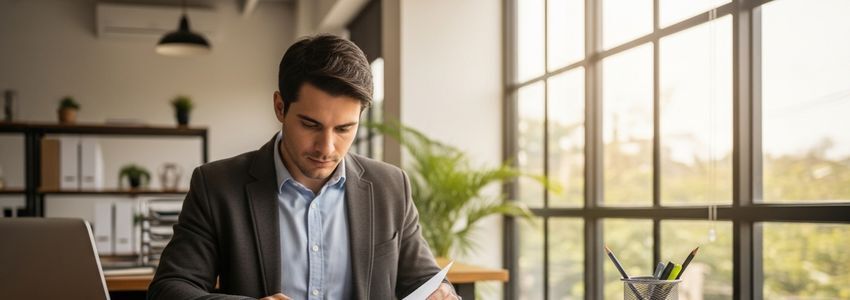 Business owner reviewing diaper service business loan documents in a professional office setting