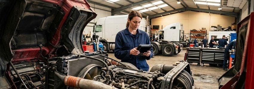 Diesel technician using a diagnostic scanner on a heavy-duty truck engine in a repair shop bay