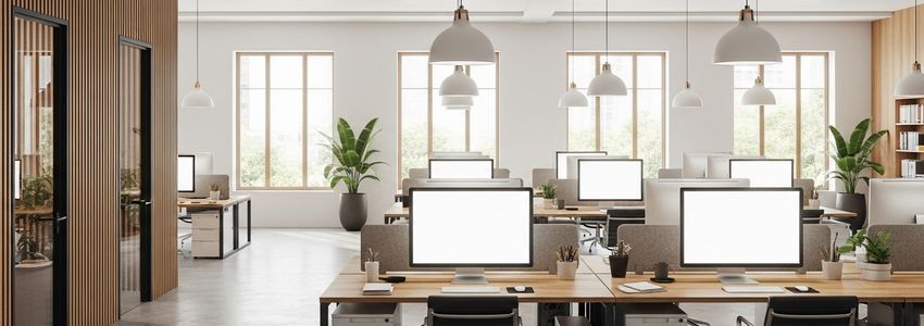 Modern digital marketing agency office workspace with computer monitors and professional environment for business financing discussions