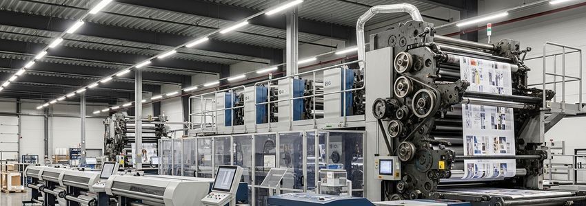 Print shop owner reviewing digital printing equipment financing options