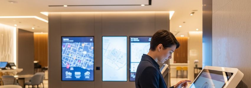 Business professional using interactive digital kiosk display in a modern commercial lobby