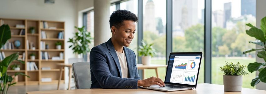 Small business owner reviewing digital transformation plans on laptop in modern office setting