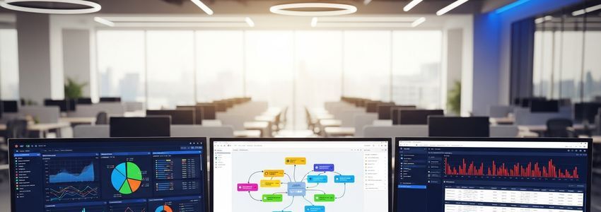 Business owner using digital workflow optimization software on laptop in modern office