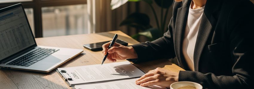 Small business owner comparing direct lender and broker loan documents at desk