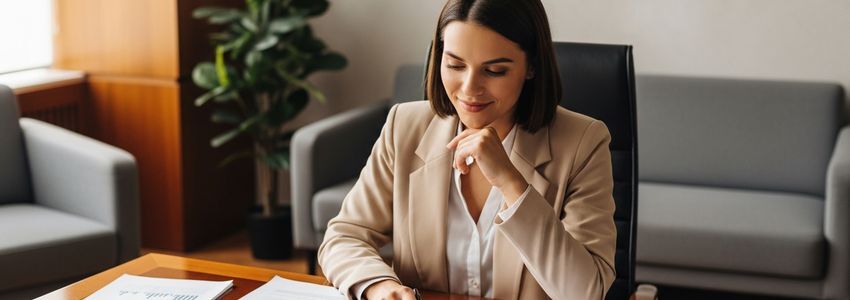 Business owner reviewing direct mail company loan documents at office desk