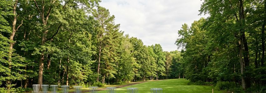 Wide view of a professionally maintained disc golf course with a tournament-grade target basket and concrete tee pad in a park-like outdoor setting