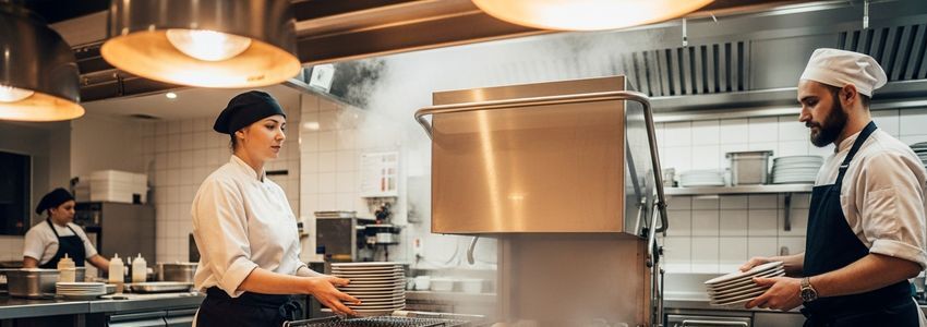 Foodservice manager reviewing commercial dishwasher leasing contract in restaurant kitchen