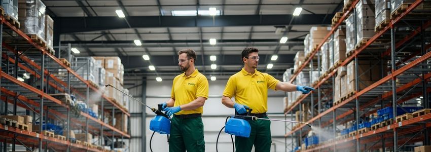 Professional cleaning technicians using electrostatic disinfection sprayers in a commercial warehouse facility