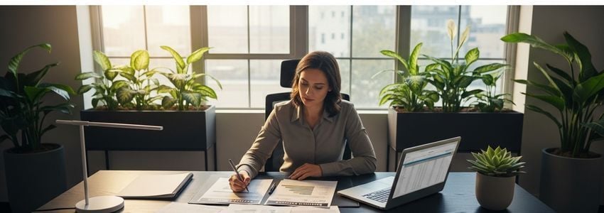 Dispensary business owner reviewing loan documents and financial reports at a modern office desk