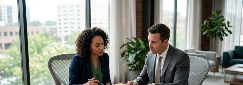 Cannabis dispensary owner meeting with financing advisor to discuss business loan options
