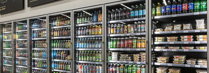 Commercial display refrigerators and coolers in a food franchise store