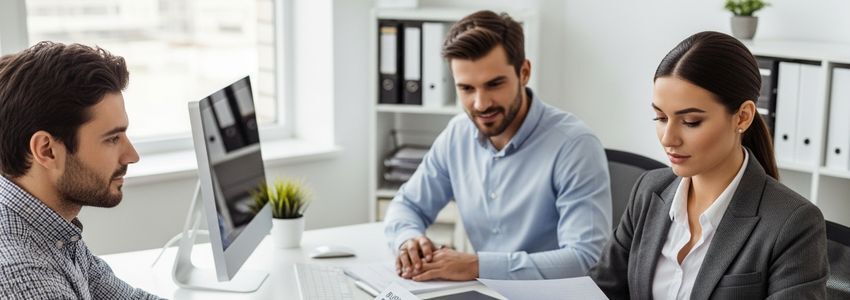 Business owner reviewing financial documents and credit reports at a professional office desk
