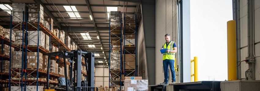 Distribution warehouse worker reviewing equipment loan documentation at loading dock