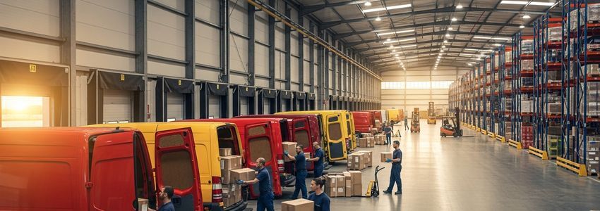 Workers loading delivery vans at a distribution warehouse with pallet jacks and cargo