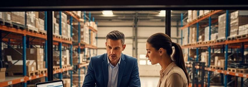 Independent distributor reviewing equipment financing options with a business advisor at a commercial warehouse facility