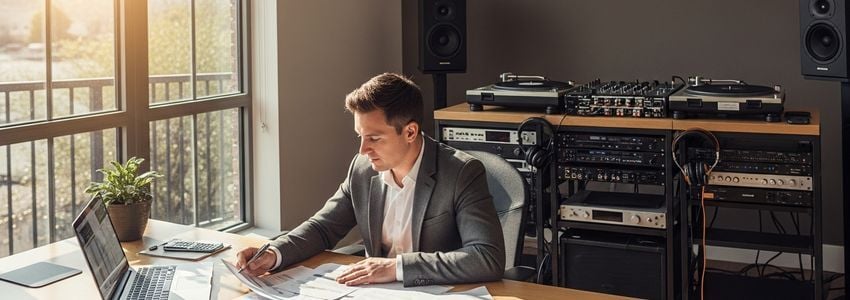 DJ business owner reviewing loan documents at office desk with professional audio equipment in background