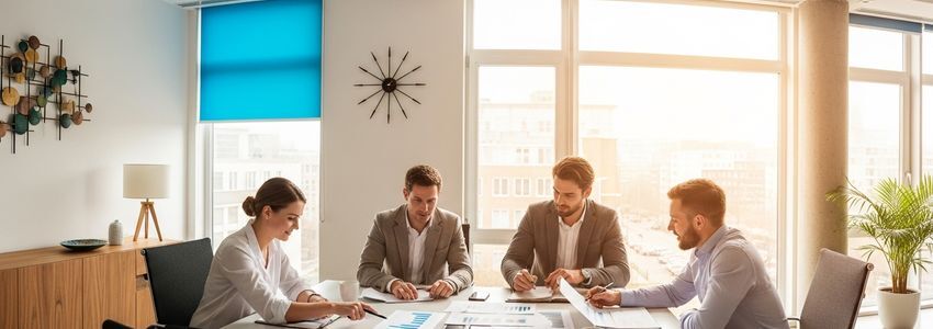 Small business owners reviewing loan documents and credit terms in a modern office meeting room