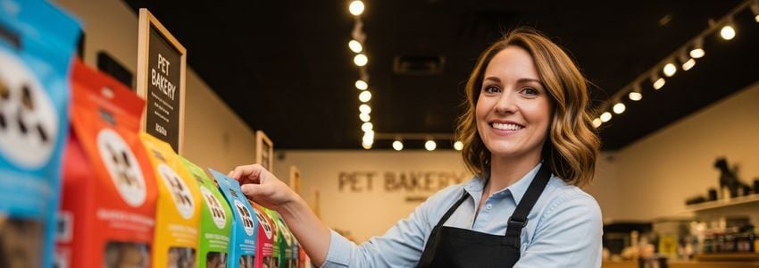 Dog bakery owner reviewing business loan documents at a commercial kitchen counter