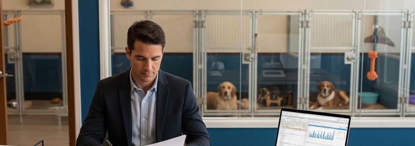 Dog boarding business owner reviewing loan options at desk with kennel facility in background