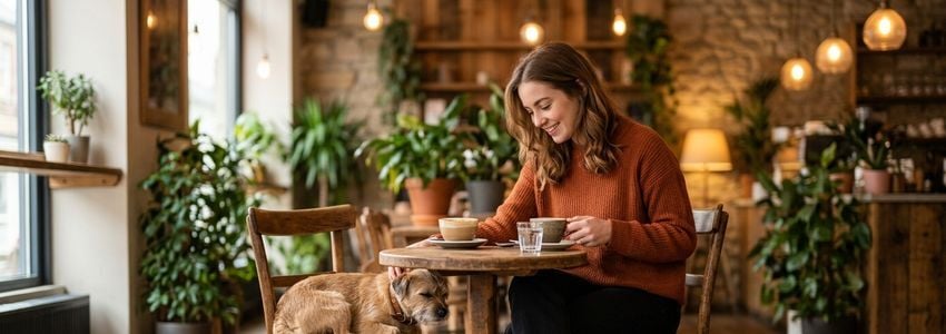 Dog cafe owner and barista serving coffee while a dog relaxes at a table in a pet-friendly cafe