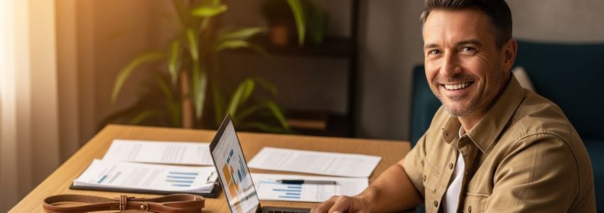 Dog training business owner reviewing financing options at their desk