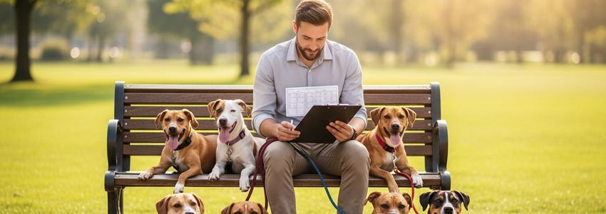 Dog walking business owner reviewing loan options and financing plans at a park with their dogs