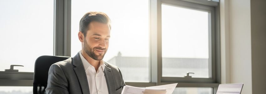 Franchise owner reviewing Domino's franchise loan documents in a professional office setting