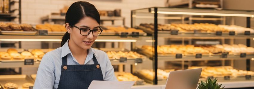 Donut shop owner reviewing business loan documents and financing options