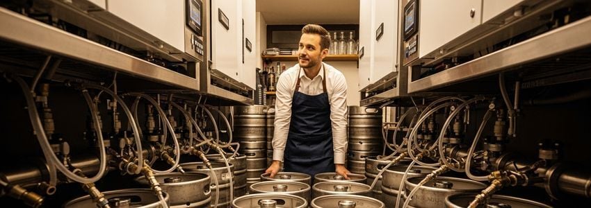 Commercial keg room with draft beer lines and stainless steel kegs for a bar financing guide