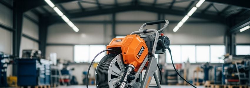 Professional commercial drain snake equipment in an industrial workshop setting