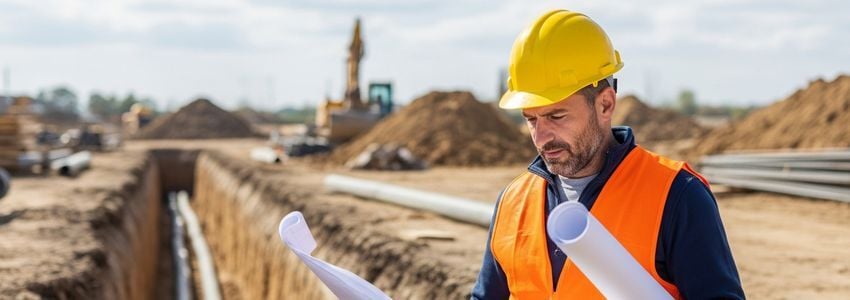 Drainage contractor reviewing financing plans at job site