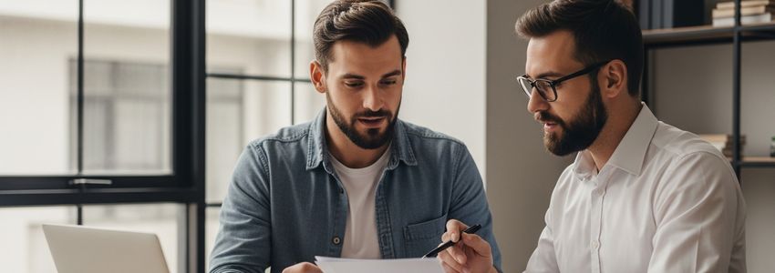 Business owner and financial advisor reviewing line of credit draw strategy at office desk