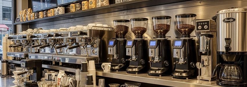 Drive-through coffee business owner reviewing financing options at a modern commercial coffee kiosk