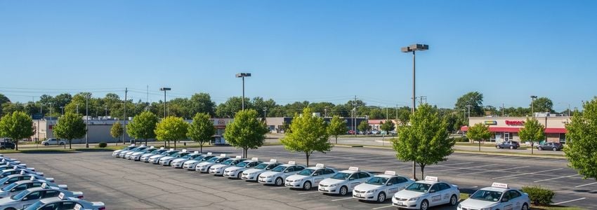 Fleet of driving school training vehicles parked in a driving school lot
