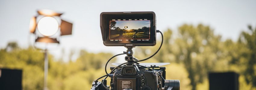 Videographer operating professional cinema camera with gimbal stabilizer on location shoot