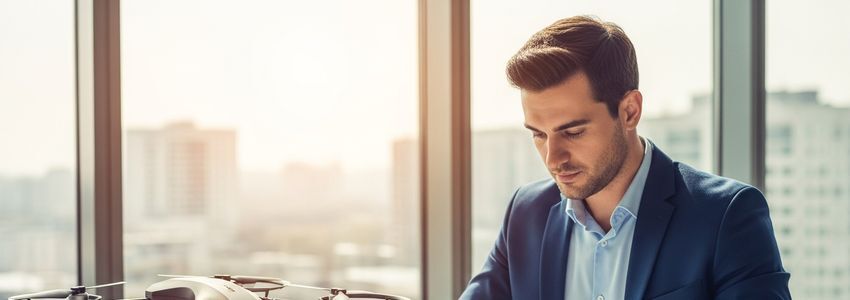 Business professional reviewing drone equipment financing paperwork at a desk with a commercial drone