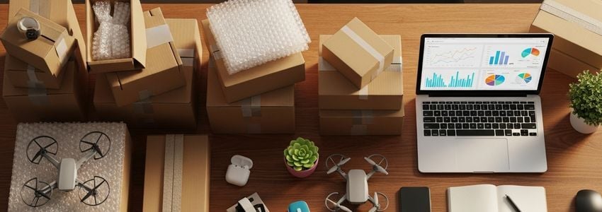Dropshipping workspace with shipping boxes, products, and laptop showing e-commerce analytics