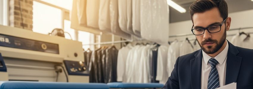 Dry cleaning business owner reviewing equipment financing options at a commercial dry cleaning shop