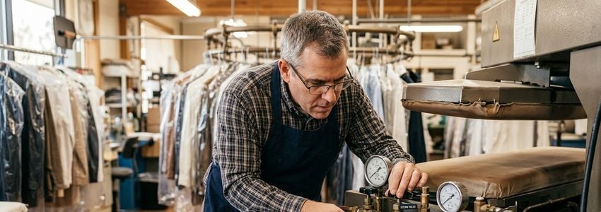 Dry cleaning business owner inspecting a commercial press machine on the shop floor
