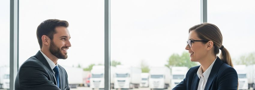 Transportation business owner reviewing dry van trailer financing options with a lending specialist