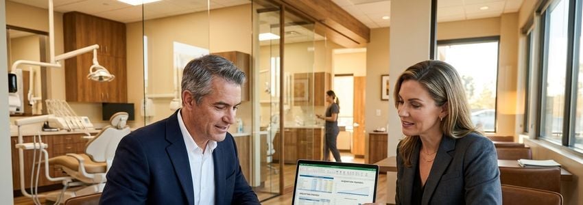 Dental support organization executives reviewing acquisition financing documents in a modern office