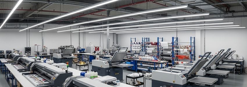 Commercial DTF printing production facility showing large format printers and print equipment