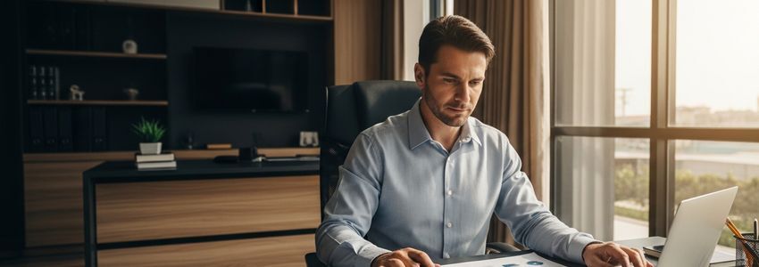 Business owner reviewing debt-to-income ratio calculations and financial documents